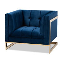 Baxton Studio TSF-5507-Navy/Gold-CC Ambra Glam and Luxe Royal Blue Velvet Fabric Upholstered and Button Tufted Armchair with Gold-Tone Frame